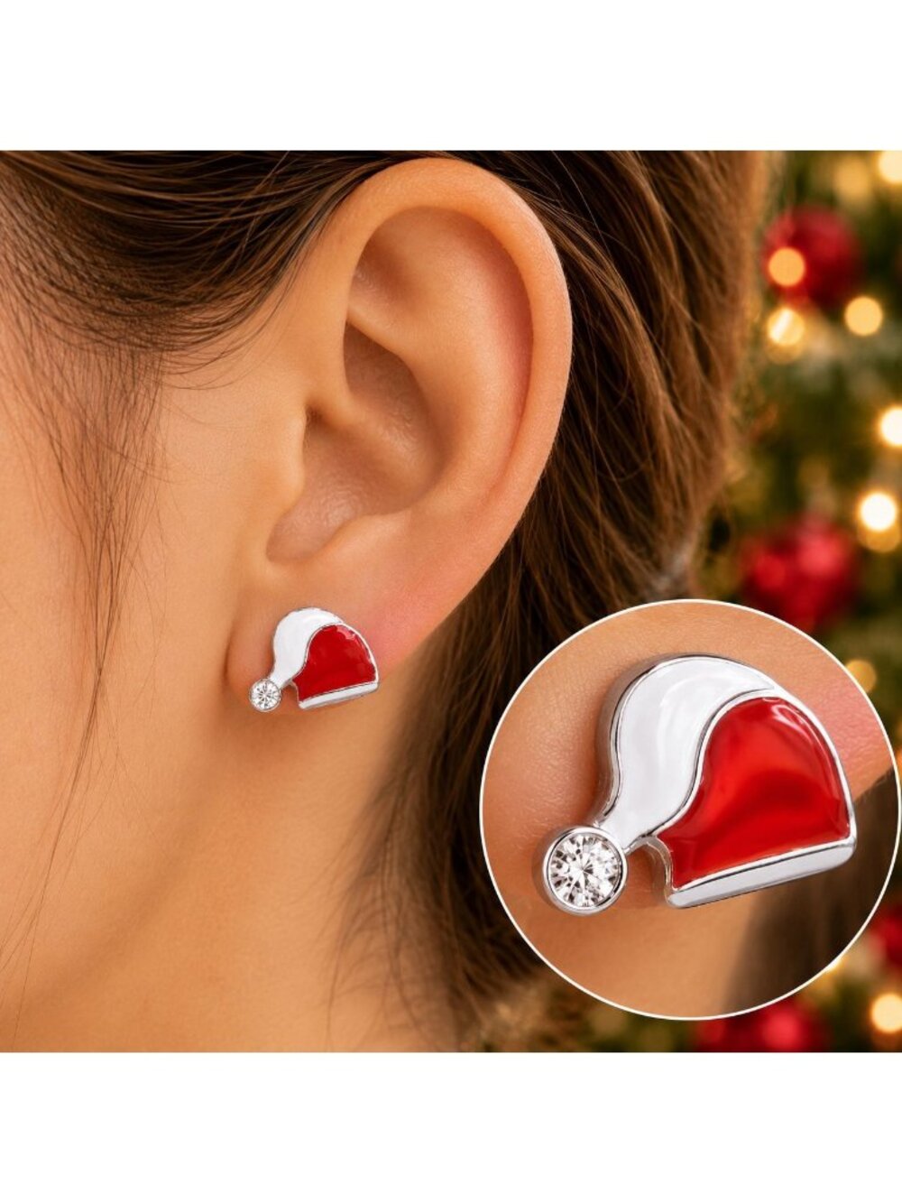 Santa Hat Stud Earrings With Crystal Detail Red & White Christmas-Themed Jewelry